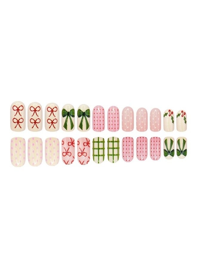 Sevgob Christmas Press on Nails Short Almond Fake Nails with Cute Red Green Bow Design Glossy Round Dot Nail Press ons Holly Fruit Glue on Nail Winter Xmas Holiday Christmas Nails for Women Manicure 24Pcs - Image 5